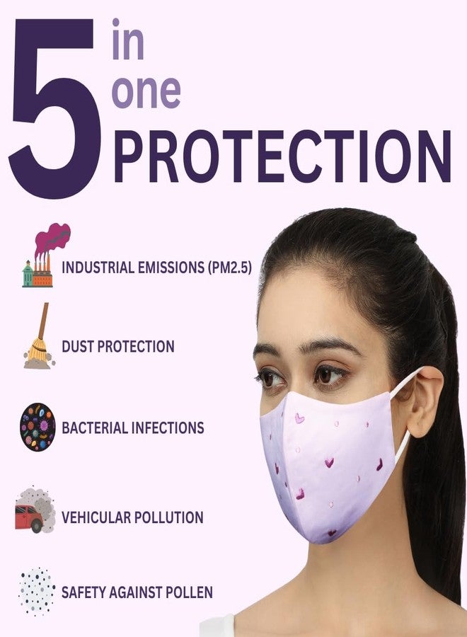 MASQ Hearts 4 Layer, Reusable with Ear Adjusters, Anti-Bacterial (BFE>99%) Embroidered Cotton Cloth Face Mask Combo for Women - Medium (Purple-Pink-Peach, Pack of 3, Without Valve) - Image 5