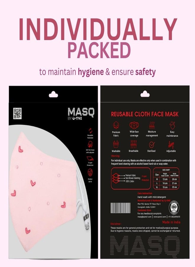 MASQ Hearts 4 Layer, Reusable with Ear Adjusters, Anti-Bacterial (BFE>99%) Embroidered Cotton Cloth Face Mask Combo for Women - Medium (Purple-Pink-Peach, Pack of 3, Without Valve) - Image 3