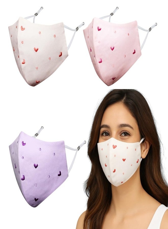 MASQ Hearts 4 Layer, Reusable with Ear Adjusters, Anti-Bacterial (BFE>99%) Embroidered Cotton Cloth Face Mask Combo for Women - Medium (Purple-Pink-Peach, Pack of 3, Without Valve) - Image 1