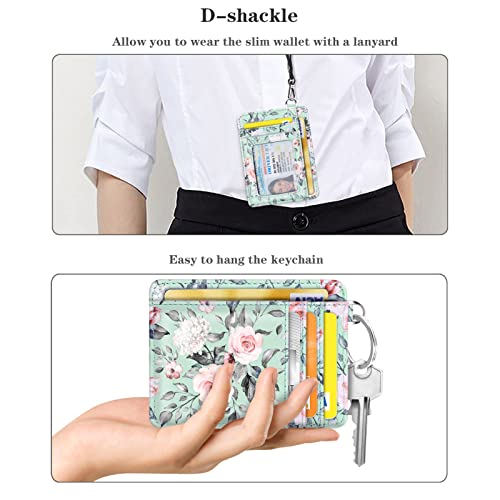 Coco Rossi Slim Front Pocket Wallet RFID ID Card Holder Cute Small Wallet with Keychian for Women,Green Flowers - Image 4