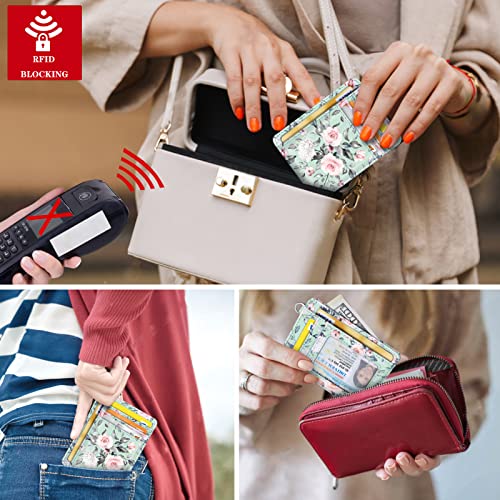 Coco Rossi Slim Front Pocket Wallet RFID ID Card Holder Cute Small Wallet with Keychian for Women,Green Flowers - Image 5