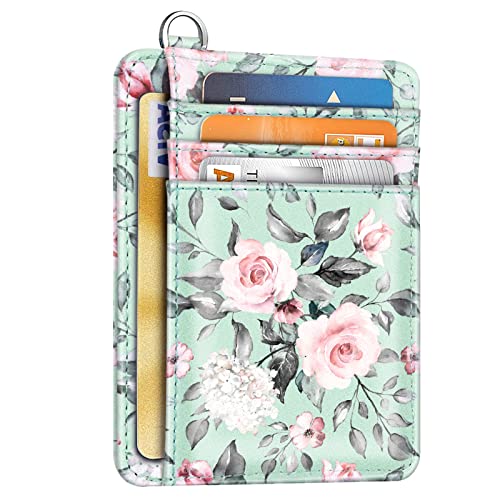 Coco Rossi Slim Front Pocket Wallet RFID ID Card Holder Cute Small Wallet with Keychian for Women,Green Flowers - Image 1