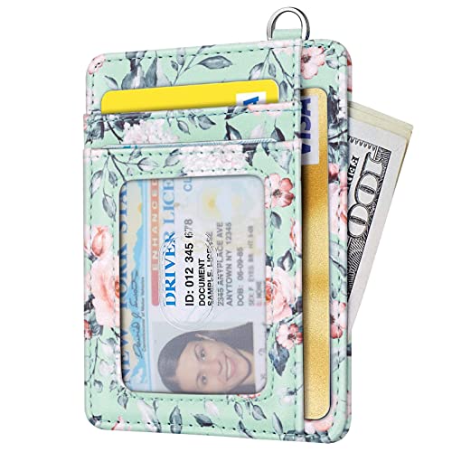 Coco Rossi Slim Front Pocket Wallet RFID ID Card Holder Cute Small Wallet with Keychian for Women,Green Flowers - Image 2
