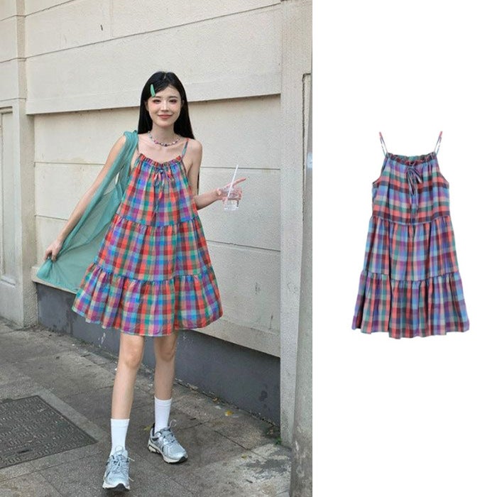 Dopamine Wear Plaid Sling dress Womens Summer Wood-ear Stitching A- Line Skirt Short Skirt Picture Color