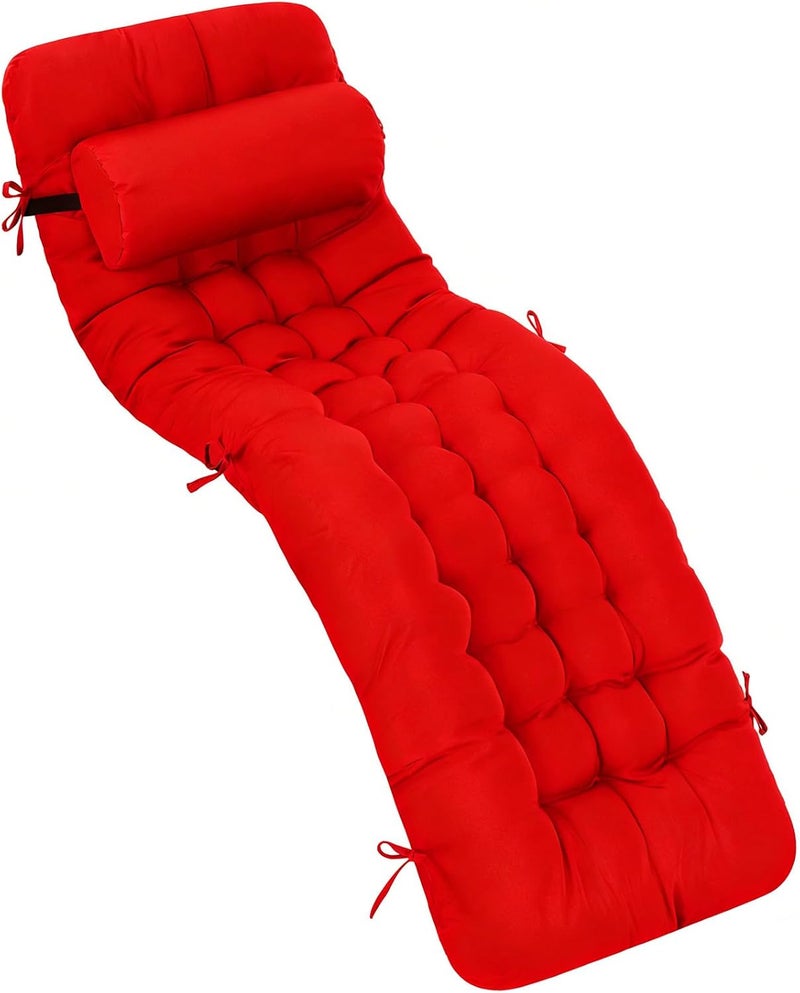 Tudomro 1 Pcs Bright Red 66'' Outdoor Chaise Lounge Cushion Waterproof Patio Lawn Pool Chaise Lounge Cushion with Headrest Pillow & Ties Weather Fade Resistant Replacement Longue Chair Pad - Image 1