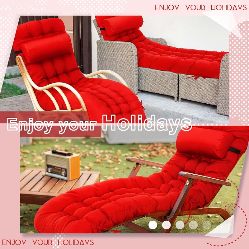 Tudomro 1 Pcs Bright Red 66'' Outdoor Chaise Lounge Cushion Waterproof Patio Lawn Pool Chaise Lounge Cushion with Headrest Pillow & Ties Weather Fade Resistant Replacement Longue Chair Pad - Image 5