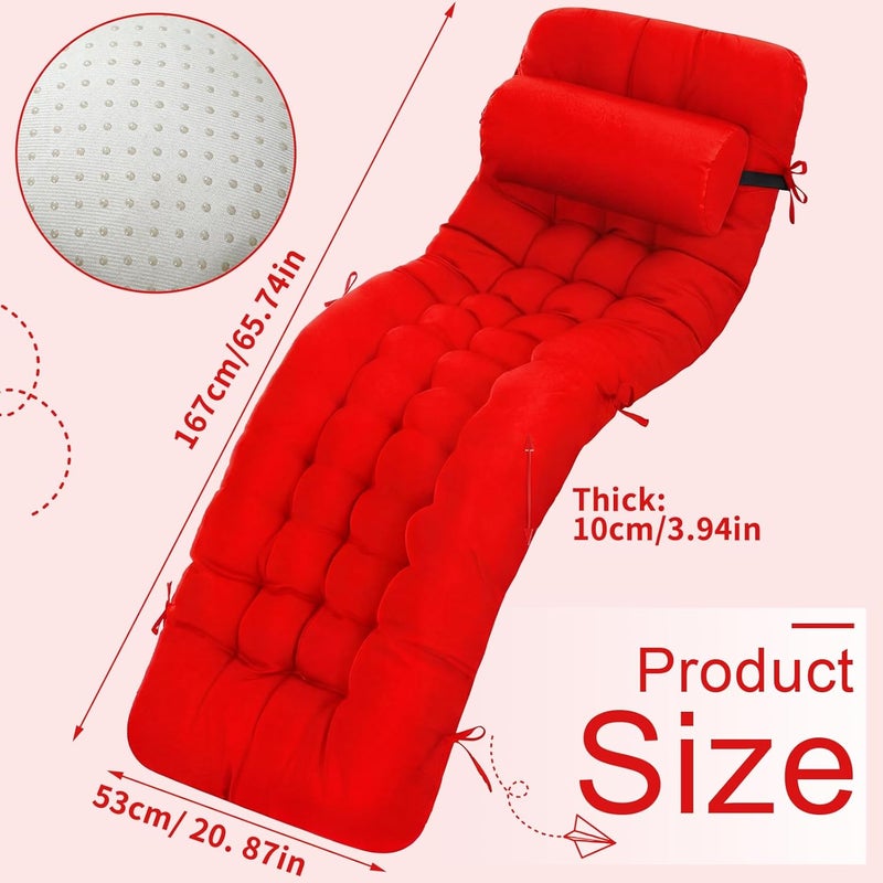 Tudomro 1 Pcs Bright Red 66'' Outdoor Chaise Lounge Cushion Waterproof Patio Lawn Pool Chaise Lounge Cushion with Headrest Pillow & Ties Weather Fade Resistant Replacement Longue Chair Pad - Image 2