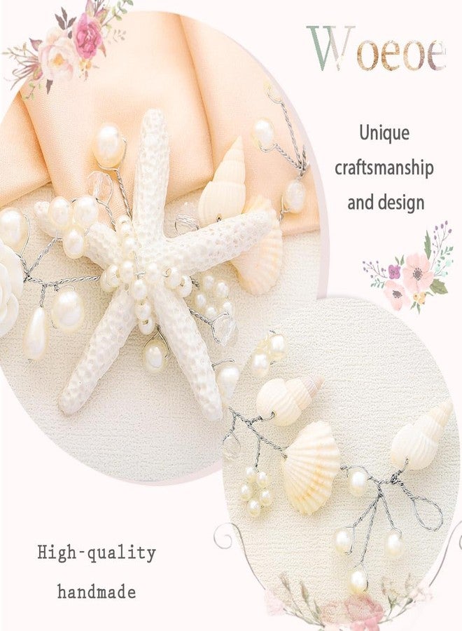 ووي طوق رأس زفاف على شكل نجم البحر من Woeoe، طوق رأس فضي للعروس، إكسسوارات شعر لحفلات الزفاف على الشاطئ للنساء - Image 5