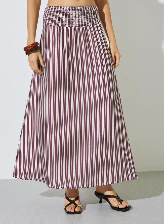 Styli Burgundy Striped Flared Maxi Skirt