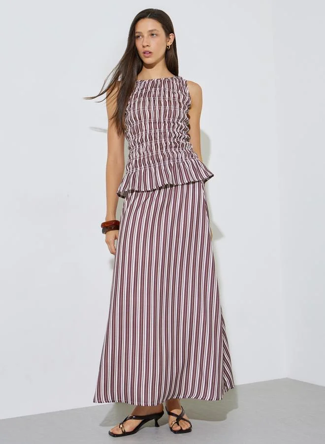 Styli Burgundy Striped Flared Maxi Skirt