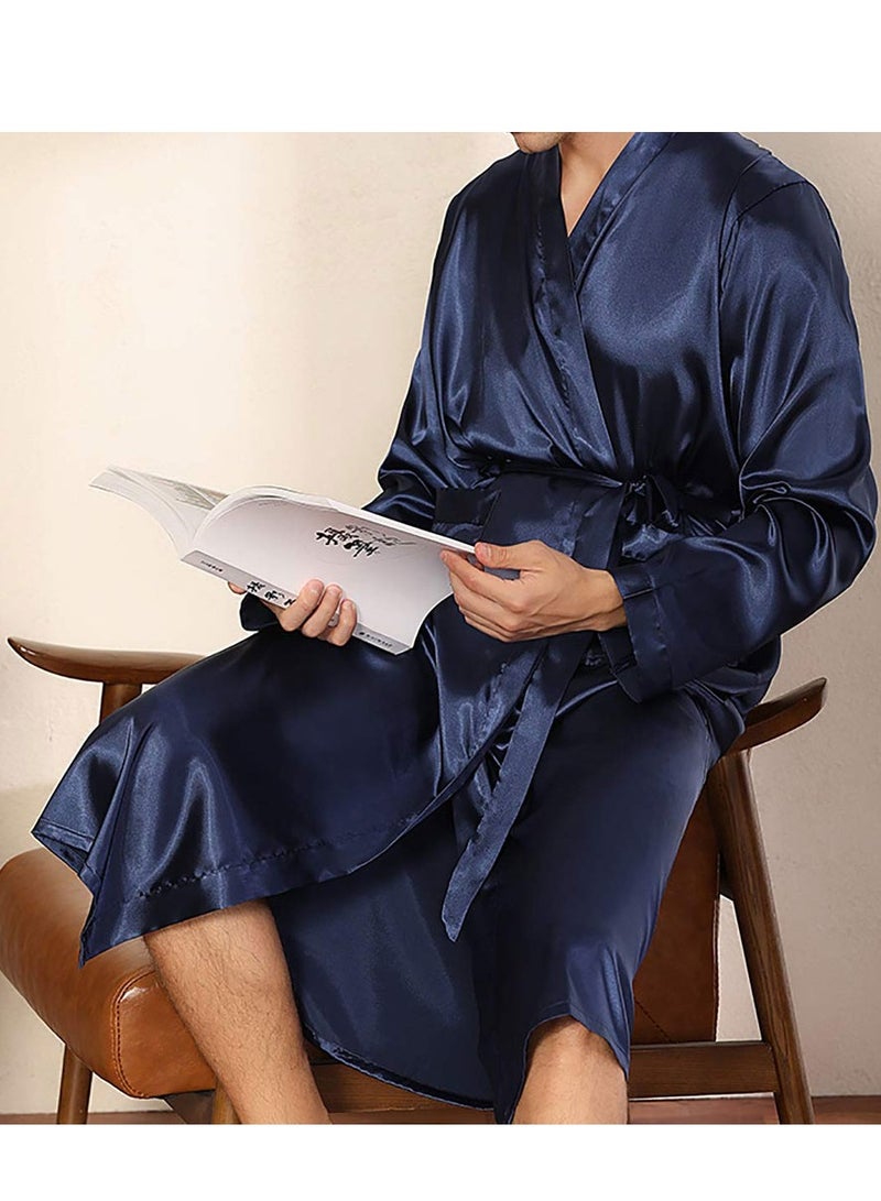 MARGOUN Men's Dressing Gown Kimono Robe Lightweight Silk Long Sleeved Home Sleepwear Loungewear Blue Medium(Length 45''/Chest 24'') - Image 5