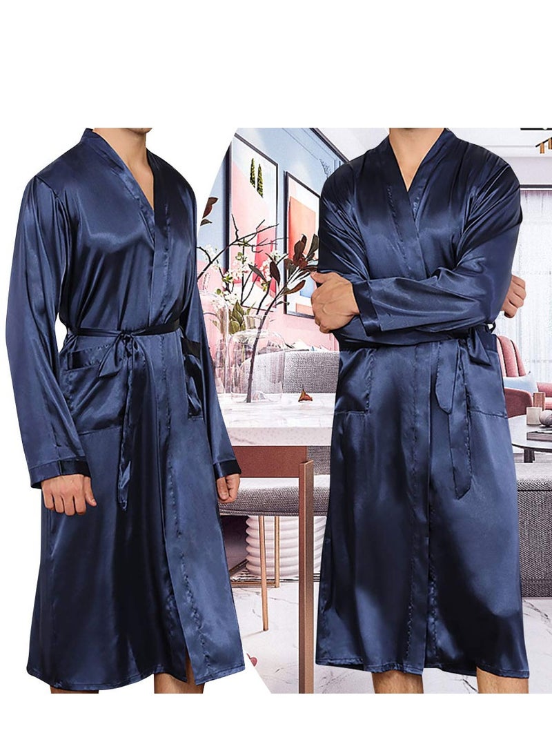MARGOUN Men's Dressing Gown Kimono Robe Lightweight Silk Long Sleeved Home Sleepwear Loungewear Blue Medium(Length 45''/Chest 24'') - Image 4
