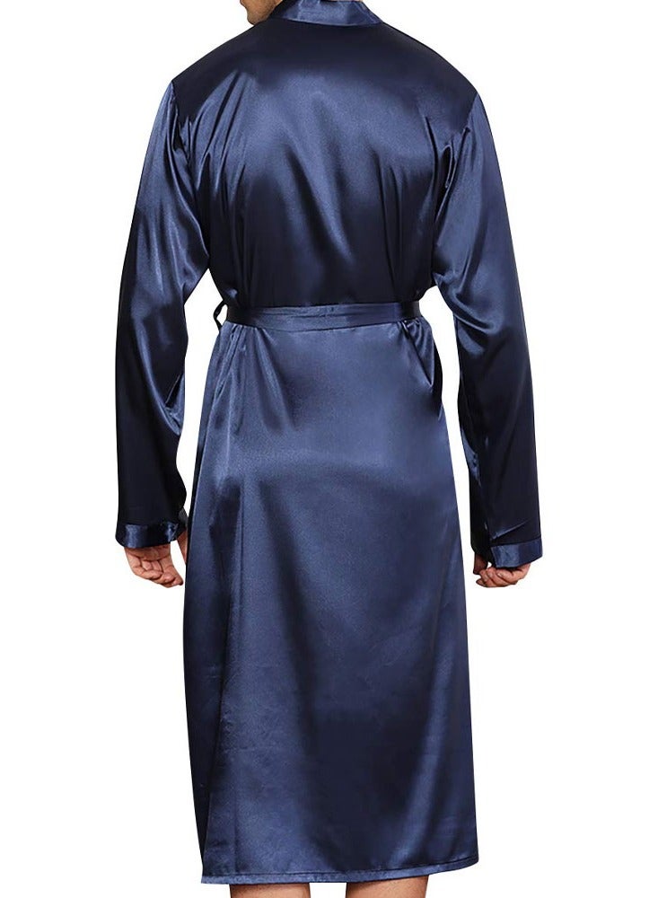 MARGOUN Men's Dressing Gown Kimono Robe Lightweight Silk Long Sleeved Home Sleepwear Loungewear Blue Medium(Length 45''/Chest 24'') - Image 3