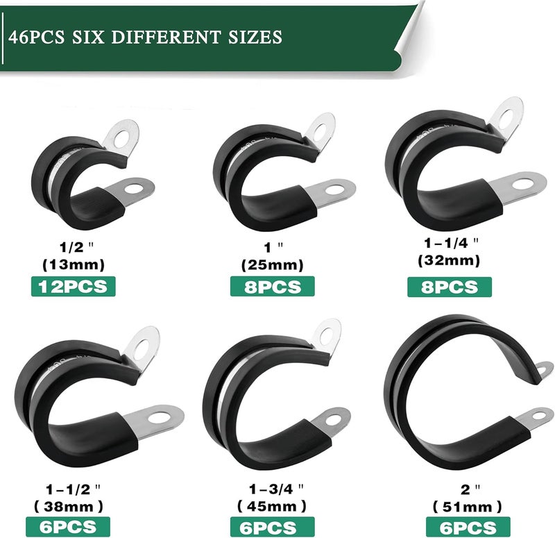 ORU 46PCS Cable Clamps Assortment Kit,Stainless Steel Rubber Coated Cushioned Insulated Cable Clamp,Automotive Wire Clamps,Pipe Clamps,Metal Clamp in 6 Sizes—1/2'' 1'' 1-1/4'' 1-1/2'' 1-3/4'' 2'' - Image 2