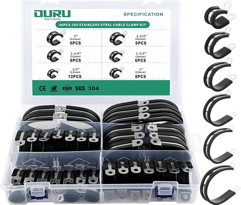 ORU 46PCS Cable Clamps Assortment Kit,Stainless Steel Rubber Coated Cushioned Insulated Cable Clamp,Automotive Wire Clamps,Pipe Clamps,Metal Clamp in 6 Sizes—1/2'' 1'' 1-1/4'' 1-1/2'' 1-3/4'' 2'' - Image 1