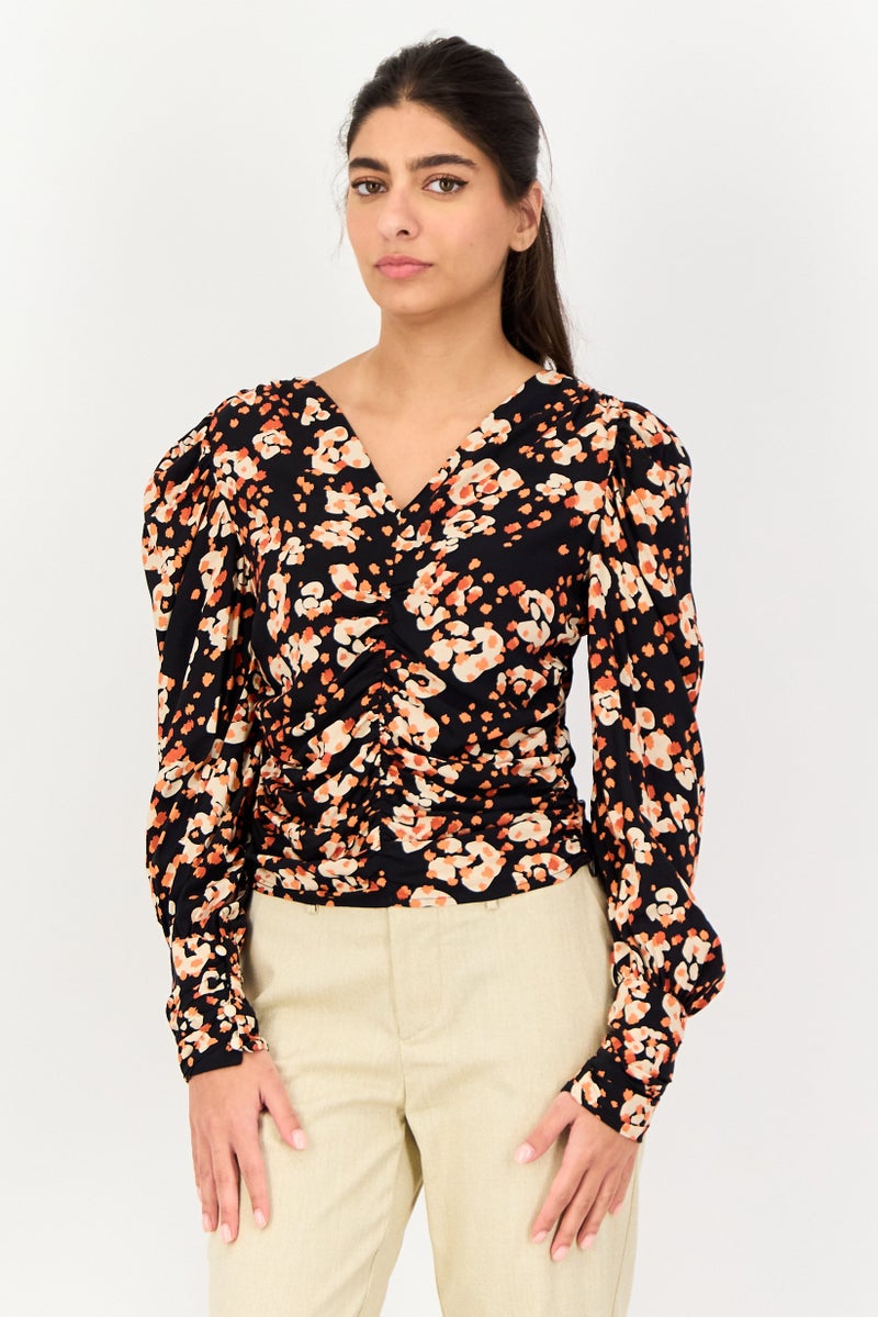 Selected Femme Women V Neck Long Sleeves Floral Print Blouse, Multicolor - Image 1