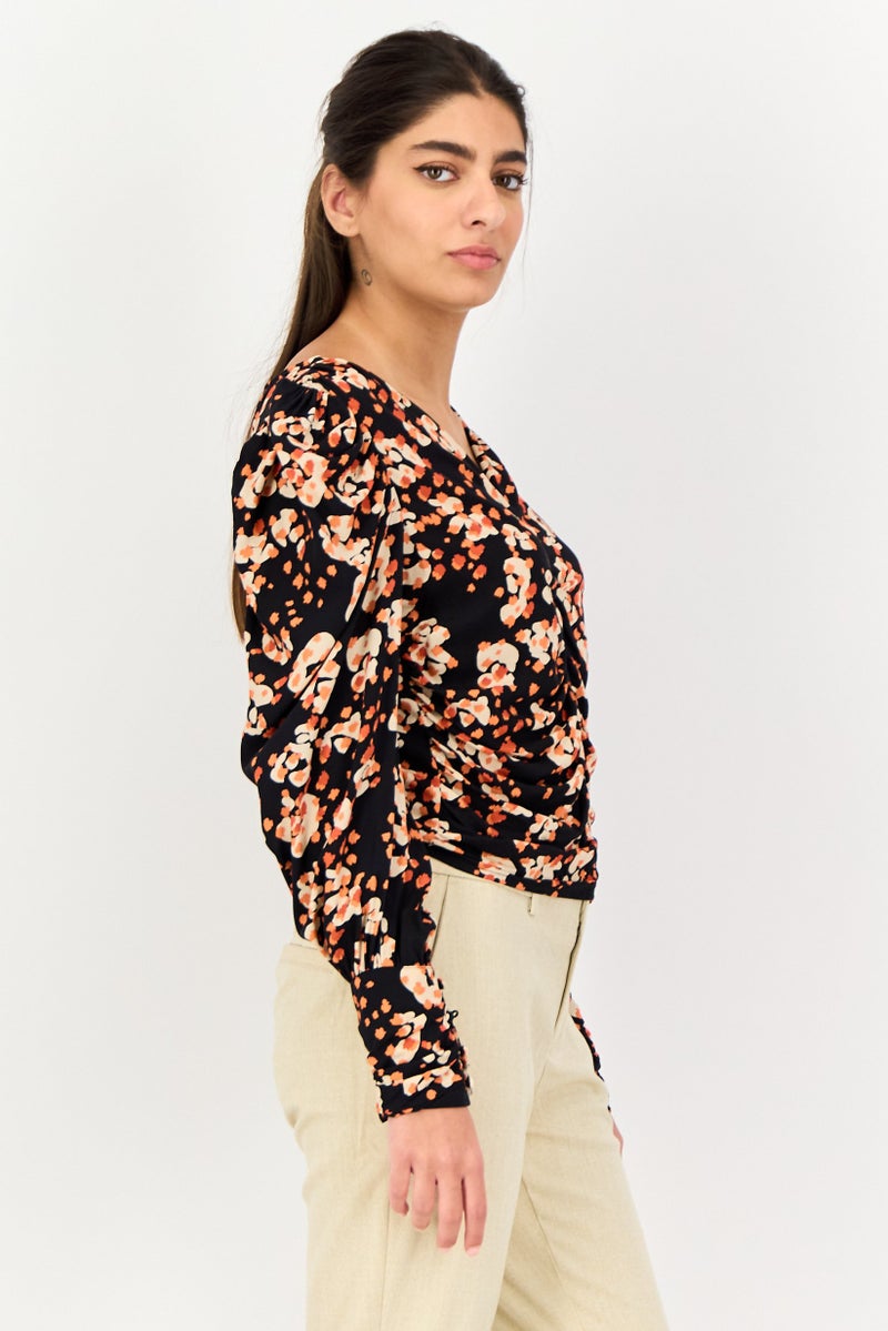 Selected Femme Women V Neck Long Sleeves Floral Print Blouse, Multicolor - Image 2