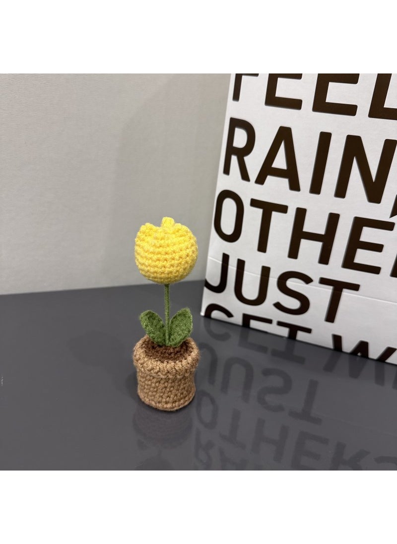 Generic diy hand-woven mini potted flower rose crochet homemade Tulip office decoration wool finished product Yellow Tulip Small Potted Finished 