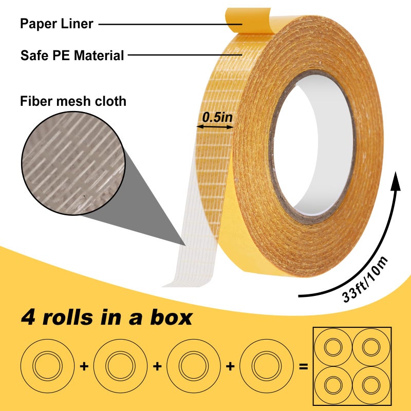 Aosdc 4 Packï¼Œ 0.5 in x 33FT/10mï¼ŒDouble Sided Fabric Tape Heavy Duty for Hemï¼ŒFashion Dress, Clothï¼Œ Curtainsï¼ŒHigh Adhesive Sticky but Removable and Residue Free, No Sewing or Ironing Needï¼ŒMultipurpose, - Image 3