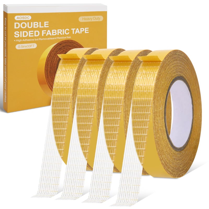 Aosdc 4 Packï¼Œ 0.5 in x 33FT/10mï¼ŒDouble Sided Fabric Tape Heavy Duty for Hemï¼ŒFashion Dress, Clothï¼Œ Curtainsï¼ŒHigh Adhesive Sticky but Removable and Residue Free, No Sewing or Ironing Needï¼ŒMultipurpose, - Image 1