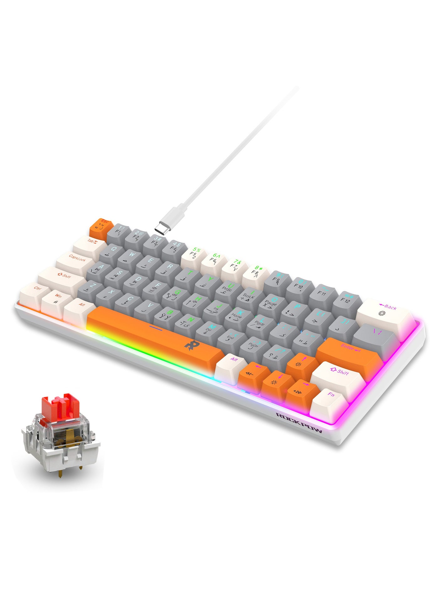 ROCK POW 60% Arabic English Mechanical Gaming Keyboard, 63keys RGB Backlit Ultra-Compact Mini Keyboard, Waterproof Mini Compact Keyboard for PC/Mac Gamer, Typist, Trip Hot Swappable Red Switch