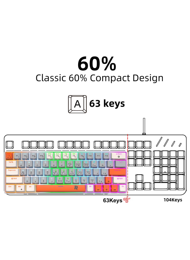 Rock Pow - ROCK POW  60% Arabic English Mechanical Gaming Keyboard, 63keys RGB Backlit Ultra-Compact Mini Keyboard, Waterproof Mini Compact Keyboard for PC/Mac Gamer, Typist, Trip Hot  Swappable  Red Switch - Image 1