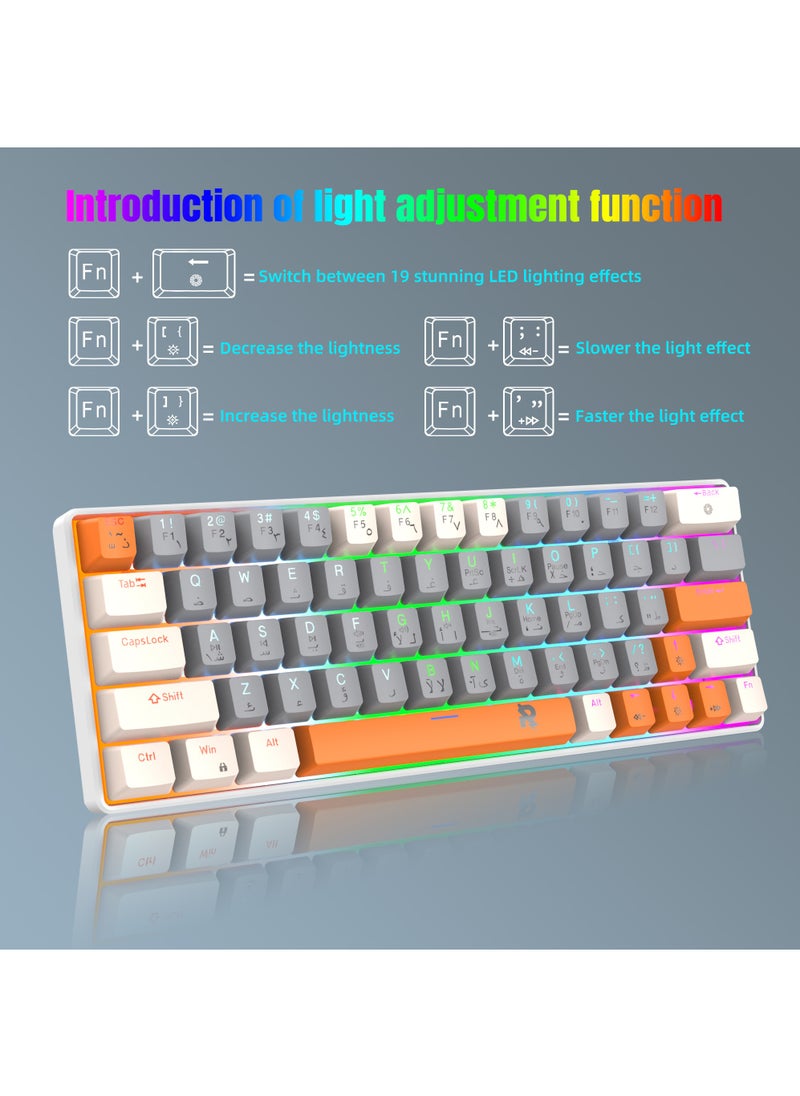 Rock Pow - ROCK POW  60% Arabic English Mechanical Gaming Keyboard, 63keys RGB Backlit Ultra-Compact Mini Keyboard, Waterproof Mini Compact Keyboard for PC/Mac Gamer, Typist, Trip Hot  Swappable  Red Switch - Image 1