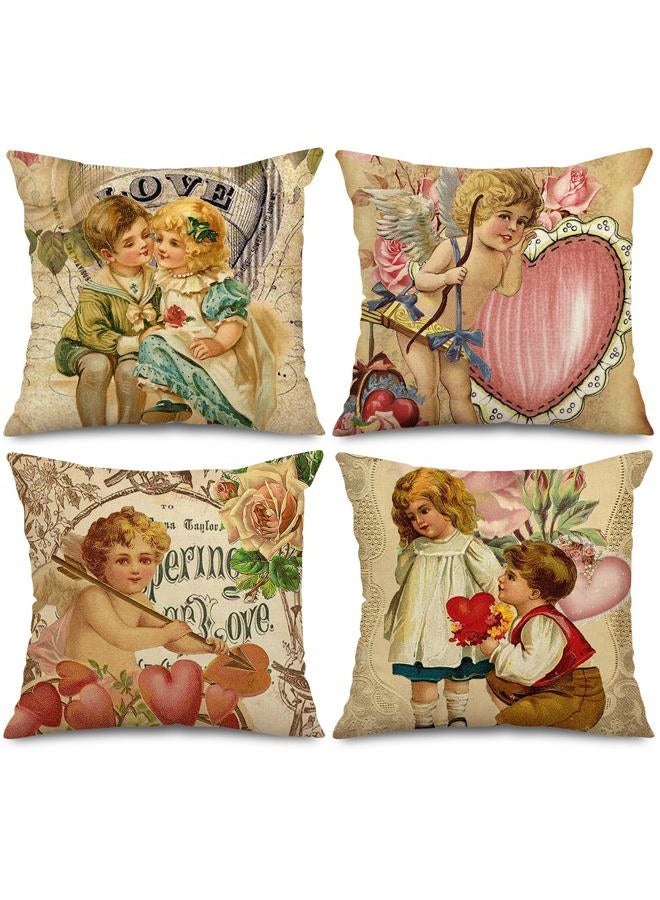 AnyDesign Vintage Valentine's Day Pillow Covers 18 x 18 Inch Retro Angels Throw Pillow Case Decorative Cushion Cover for Sofa Couch Wedding Anniversary Home, Set of 4 - Image 1
