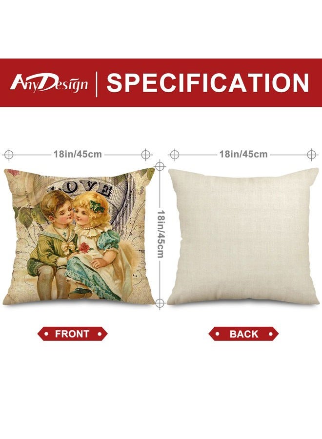 AnyDesign Vintage Valentine's Day Pillow Covers 18 x 18 Inch Retro Angels Throw Pillow Case Decorative Cushion Cover for Sofa Couch Wedding Anniversary Home, Set of 4 - Image 2