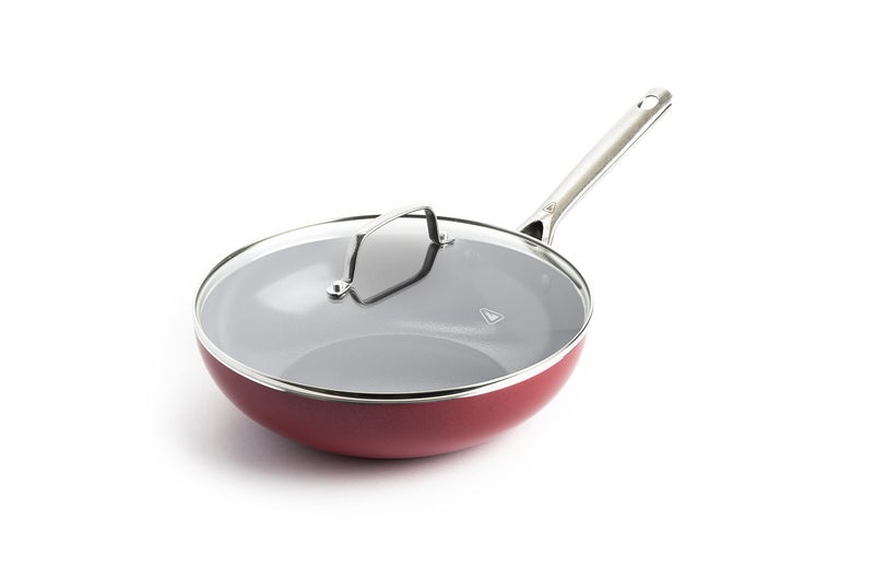Red Volcano Textured Ceramic Nonstick 11 Flat Bottom Wok StirFry Pan with Lid for High Heat Cooking Oven  Broiler Safe to 600 Degrees Dishwasher Safe PFAS PFOA  PTFE Free Red