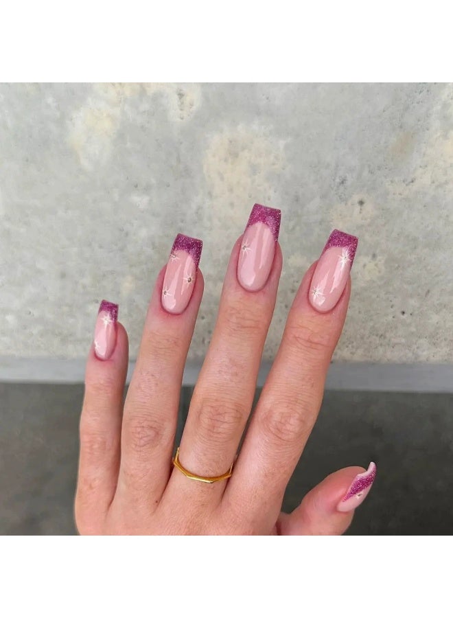 Goolsky أظافر ضغط طويلة مميزة مع لمسة فرنسية وردية وبريق نجمي لتألق حلو - Image 1