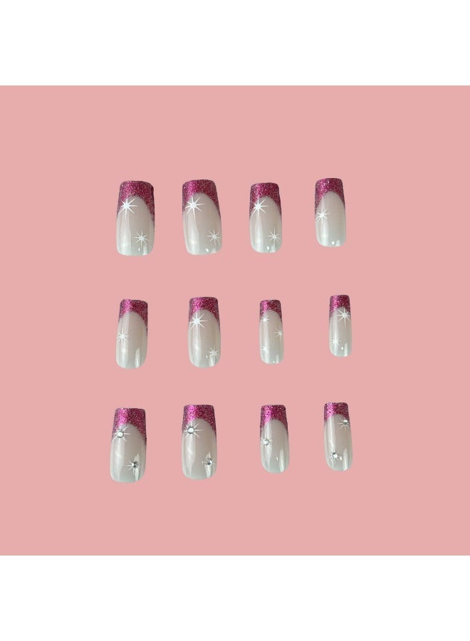 Goolsky أظافر ضغط طويلة مميزة مع لمسة فرنسية وردية وبريق نجمي لتألق حلو - Image 4