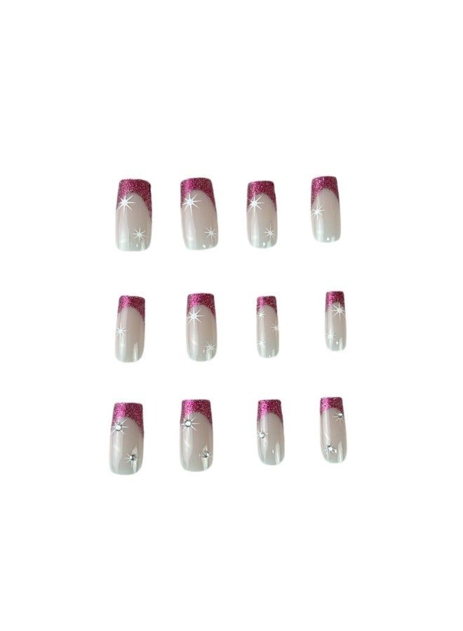 Goolsky أظافر ضغط طويلة مميزة مع لمسة فرنسية وردية وبريق نجمي لتألق حلو - Image 2