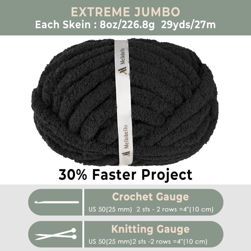 mellobello Jumbo Chunky Yarn for Hand Knitting - Super Thick Chenille Chunky Yarn for Crocheting - Extra Soft Bulky Fluffy Blanket Big Yarns 8 Jumbo Pack (27yds,8 oz Each Skein) Black - Image 4