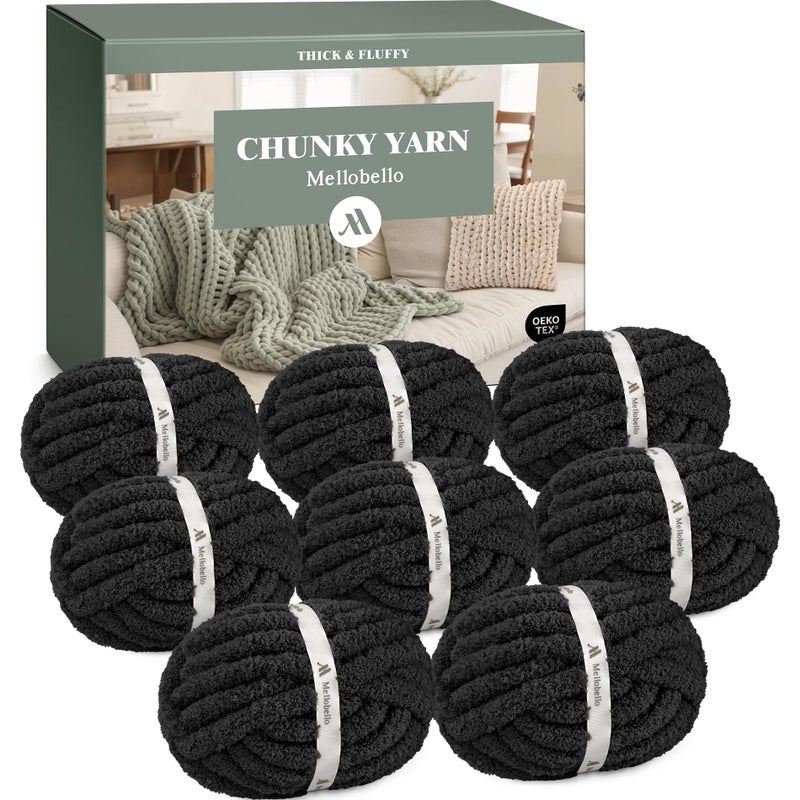 mellobello Jumbo Chunky Yarn for Hand Knitting - Super Thick Chenille Chunky Yarn for Crocheting - Extra Soft Bulky Fluffy Blanket Big Yarns 8 Jumbo Pack (27yds,8 oz Each Skein) Black - Image 1