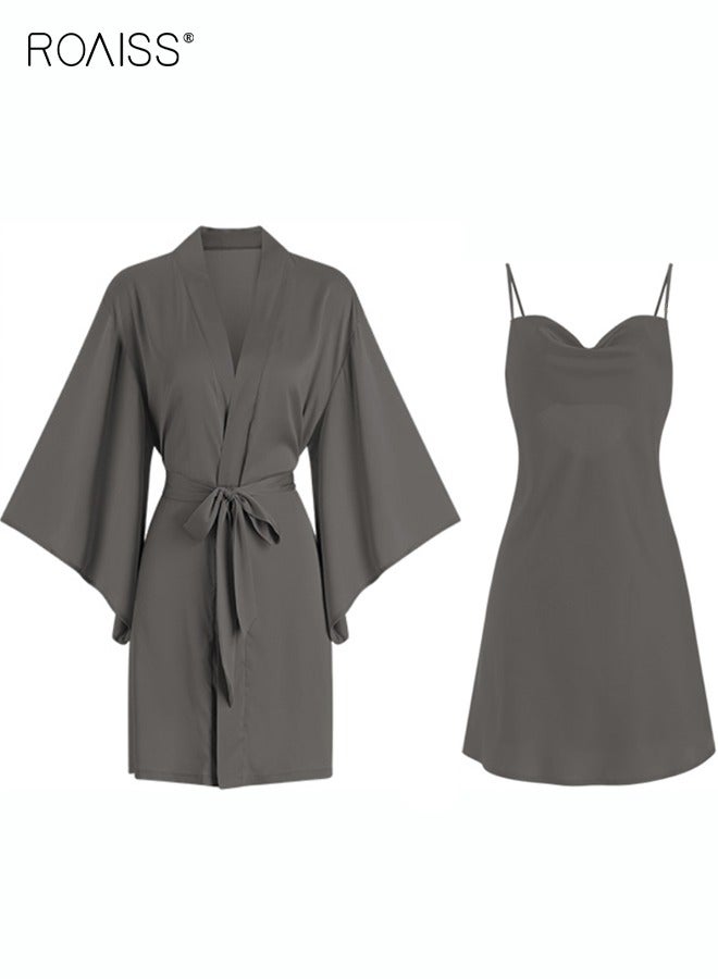 رويس مجموعة مكونة من قطعتين لبيجامات نسائية بتصميم عنق V تحتوي المجموعة على بدلة منزلية للنساء بنفس اللون وروب خارجي وعنصر دانتيل في النايتغاون - Image 2