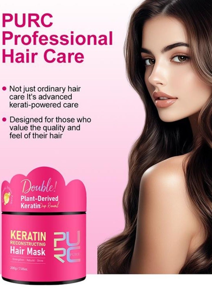 PURC قناع شعر كيراتين لإعادة البناء 200 جرام - يقوي ويعيد بناء ويعزز اللمعان - كيراتين نباتي - تجديد عميق مع الكولاجين - نعومة فورية لشعر لامع - تغذية عميقة - قناع شعر لطيف وغير مهيج - Image 3