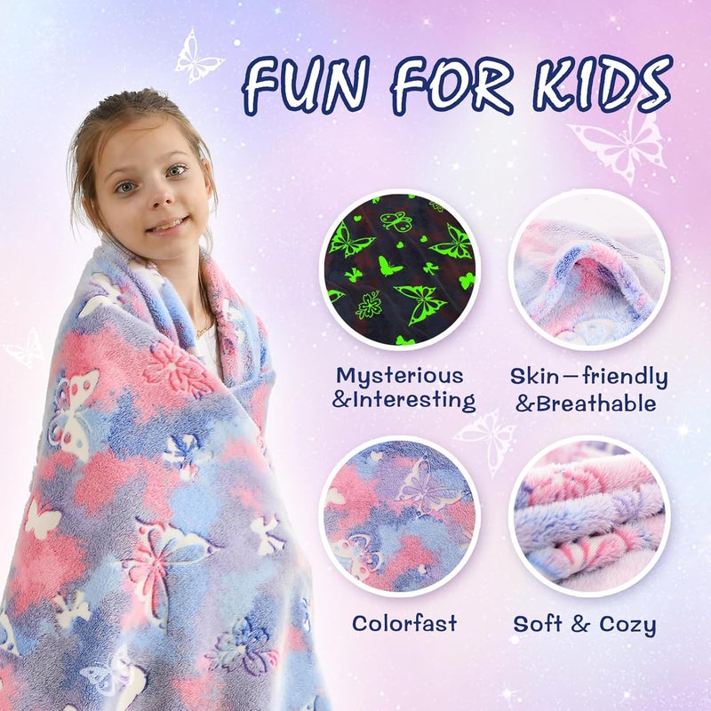 SOCHOW Butterfly Glow in The Dark Blanket for Daughters, Toys for 3-10 Year Old Birthday Presents, Soft Cozy Flannel Throw Blanket for Preteens Teens, Purple 50 x 60 Inches - Image 3
