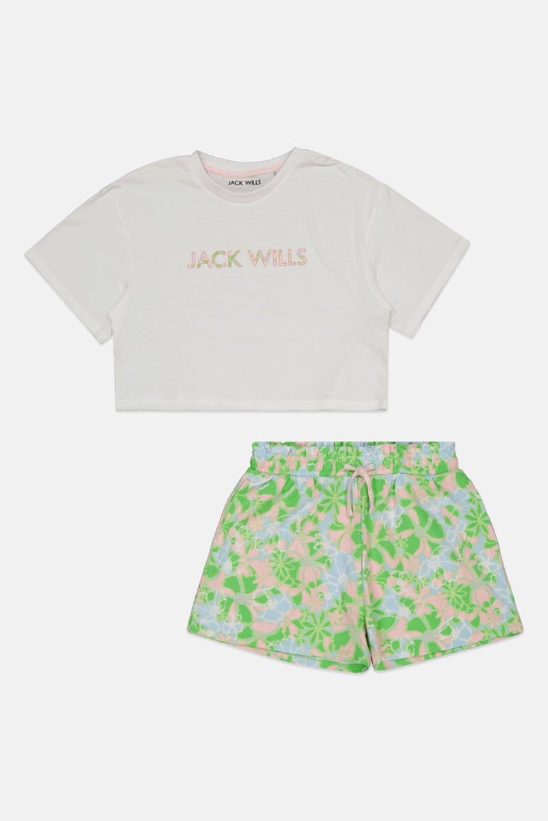 Jack Wills Kids Girl 2 Pc Graphic Printed Tee And Shorts Set, Multicolor - Image 1