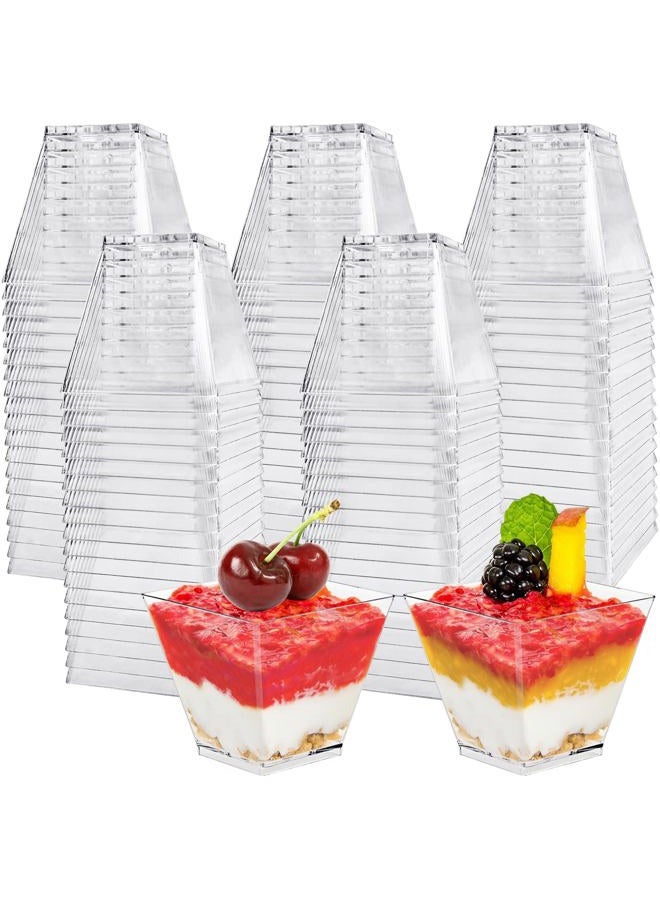 Jizvxe 100 Pack 3.4 Oz Square Dessert Cups,Small Clear Square Plastic Tasting Cups,Disposable Square Clear Plastic Dessert Cups for Ice Cream,Candy,Salad,Jello,Appetizers,Mousse - Image 1