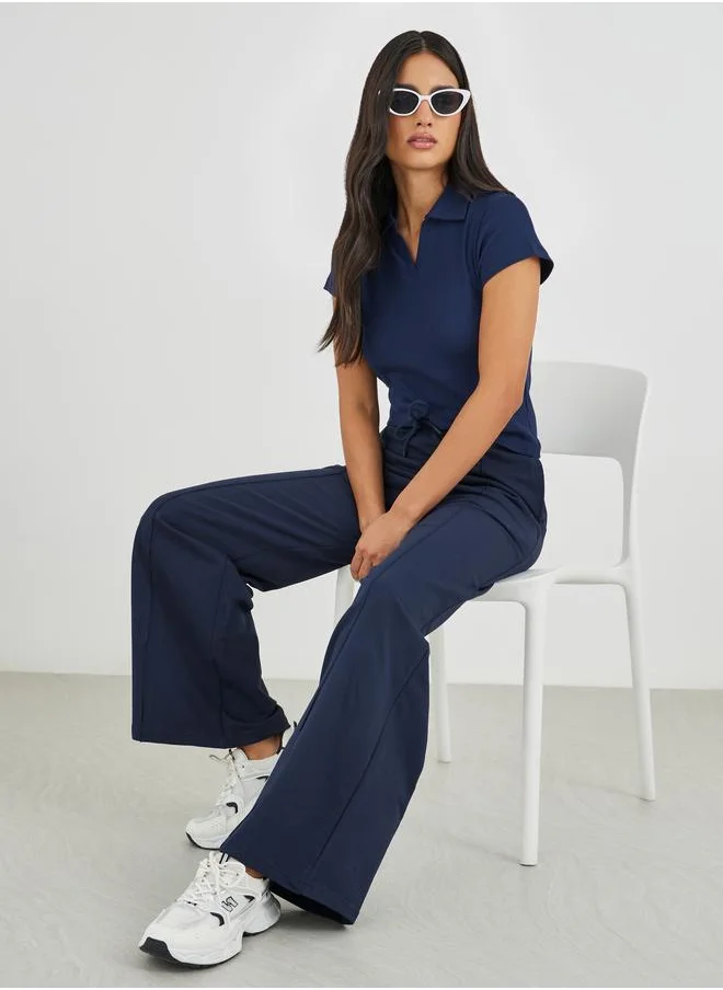 Styli Styli Solid Pintuck Detail Straight Fit Joggers with Elasticated Waistband