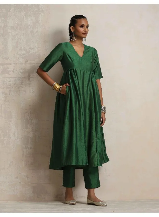 ترو برونز trueBrowns Dark Green Silk Anarkali Flared Kurta Set