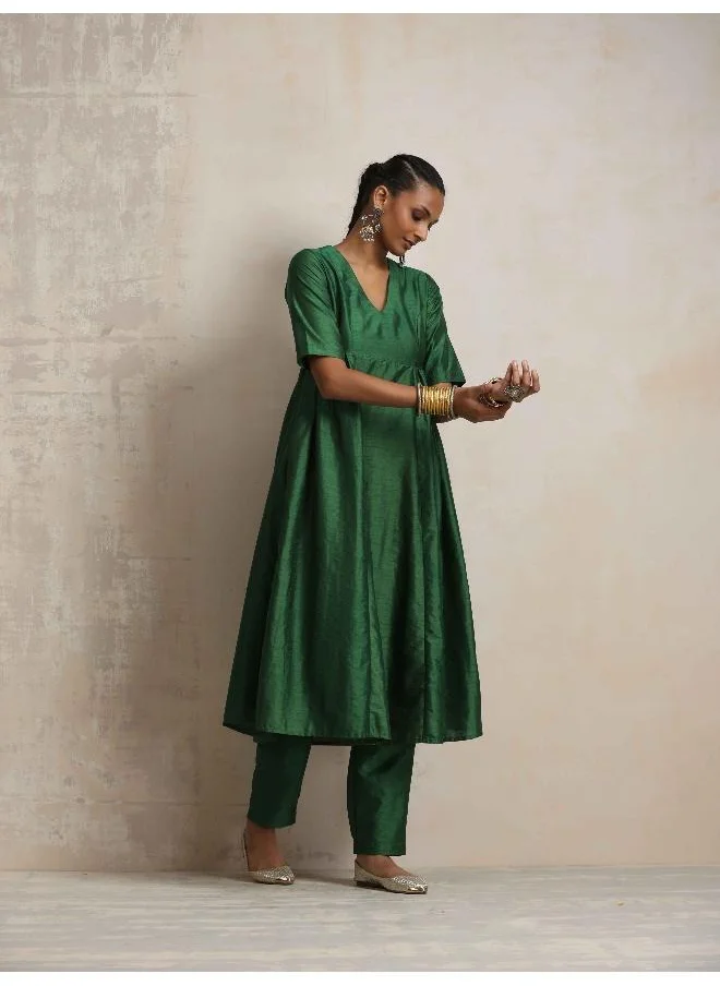 ترو برونز trueBrowns Dark Green Silk Anarkali Flared Kurta Set
