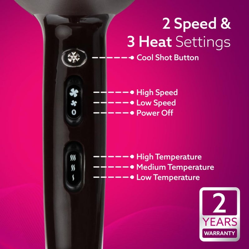 AGARO HD-1120 2000W AC Professional Hair Dryer with Comb, Concentrator & Diffuser Nozzles, Hot & Cold Air, 2 Speed & 3 Temperature Settings with Cool Shot, Hair Dryer & Blower for Men & Women - Image 3