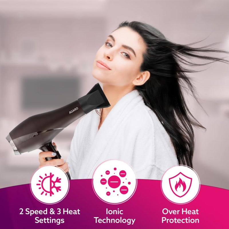 AGARO HD-1120 2000W AC Professional Hair Dryer with Comb, Concentrator & Diffuser Nozzles, Hot & Cold Air, 2 Speed & 3 Temperature Settings with Cool Shot, Hair Dryer & Blower for Men & Women - Image 2