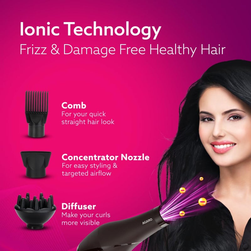 AGARO HD-1120 2000W AC Professional Hair Dryer with Comb, Concentrator & Diffuser Nozzles, Hot & Cold Air, 2 Speed & 3 Temperature Settings with Cool Shot, Hair Dryer & Blower for Men & Women - Image 5