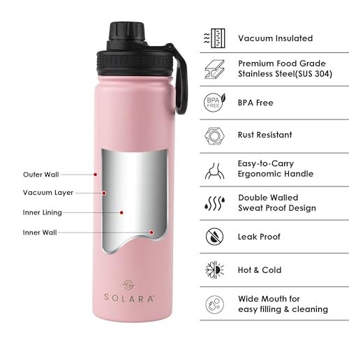 SOLARA Insulated Water Bottle 650ml, Hot Water Bottle, Thermosteel Water Bottles for Travel, Home, Office, School, Gym, Adults, Water Bottle Hot and Cold, Sipper Bottle, Angle Pink - Image 2