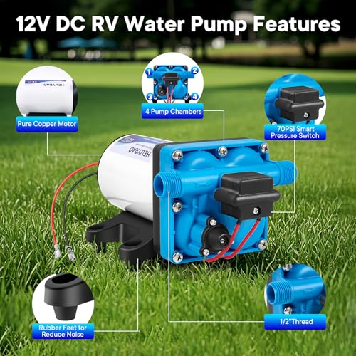 Heuyrao Rv Water Pump 12V DC Quiet 5.5GPM 70PSI,4 Chamber Self Priming Diaphragm Fresh Water Pressure Pump with Pressure Switch Strainer for RV Marine,Camper,Boat,Garden,Travel Trailer - Image 3
