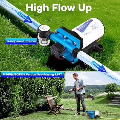 Heuyrao Rv Water Pump 12V DC Quiet 5.5GPM 70PSI,4 Chamber Self Priming Diaphragm Fresh Water Pressure Pump with Pressure Switch Strainer for RV Marine,Camper,Boat,Garden,Travel Trailer - Image 2