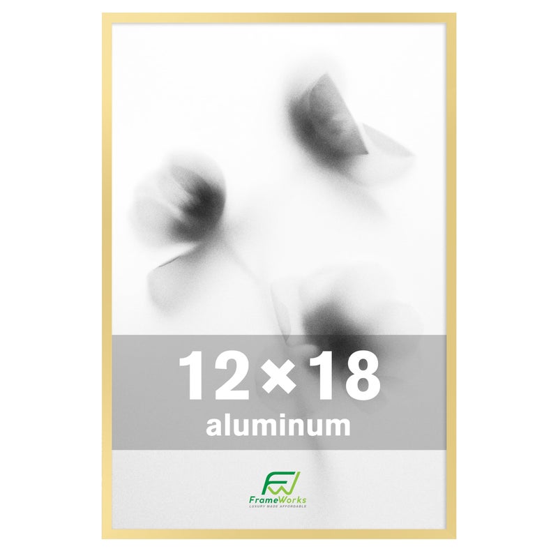 FrameWorks 12x18 Brushed Aluminum Poster Frames  Modern Brushed Metal Design wShatterproof Plexiglass Perfect for Posters Artwork Paintings Wall Displays  Home or Office Decor Gold  1 Pack